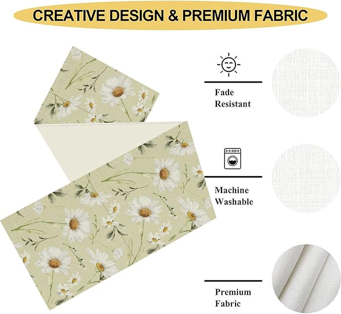 Daisy Floral Table Runner, Farmhouse Abstract Spring Seasonal Summer Blue White - Image 4