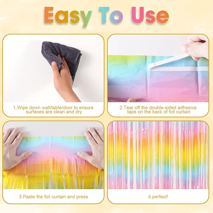 2 Pack Pastel Rainbow Foil Fringe Backdrop Curtains, Tinsel Streamers Birthday - Image 3