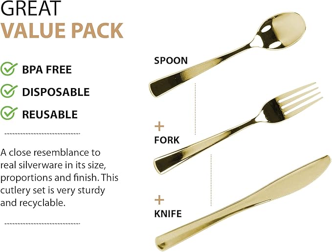 Gold Plastic Silverware Set, Extra Heavy Duty Flatware, Disposable Cutlery - Image 8