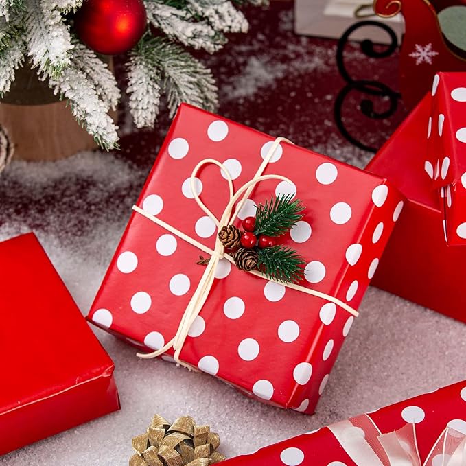 Burymento Red and White Dots Wrapping Paper, Reversible Pink Gift Wrap - Image 3
