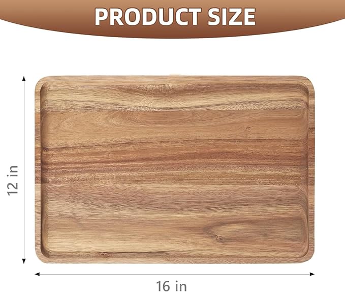 2 PCS 16 x 12 in Large Solid Acacia Wood Serving Trays Rectangular Wooden - Image 2