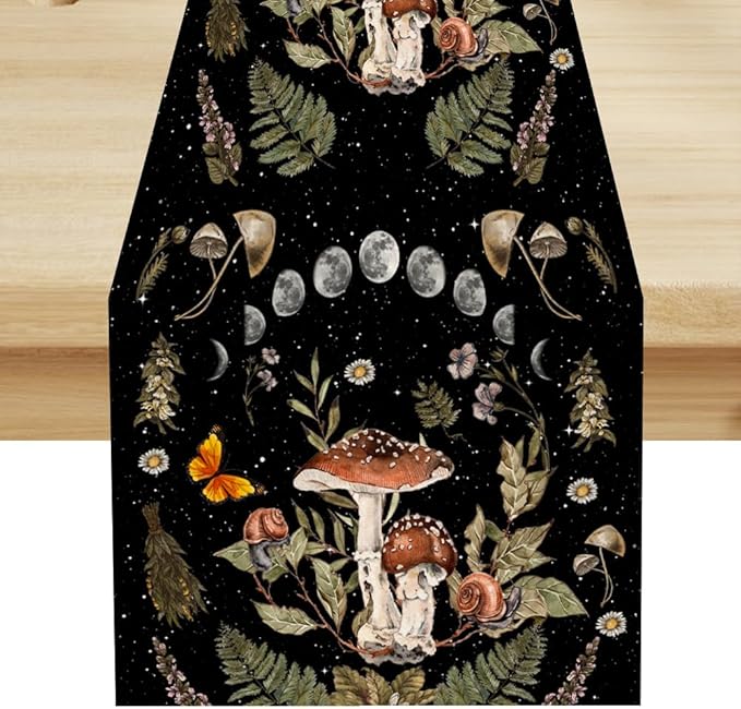 Mushroom Kitchen Table Runner, Boho Vintage Wild Flower Gothic Witchy Moonlit by ShiTingYu