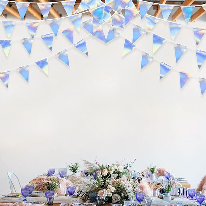 33Ft Iridescent Party Decoration Holographic Fabric Triangle Pennant Banner - Image 4