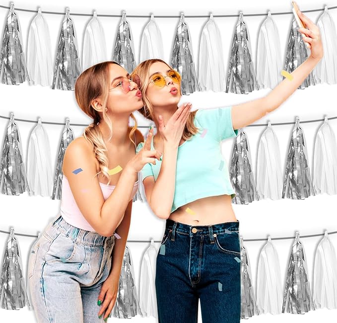 3P White Silver Metallic Fringe Tassel Banner Garland Foil Tinsel Streamer Wall - Image 4