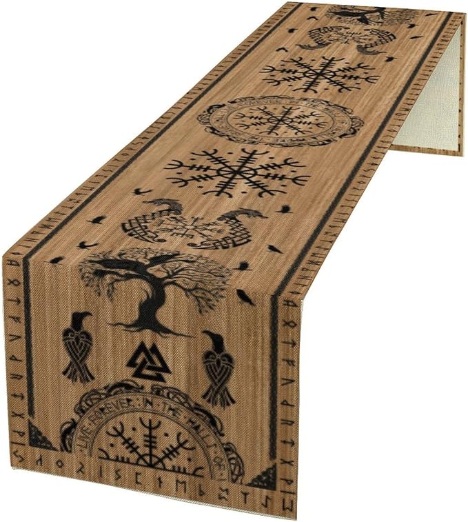 Viking Tree of Life Table Runner, Wooden Printed Eagle Dragon Boat Rudder by ShiTingYu