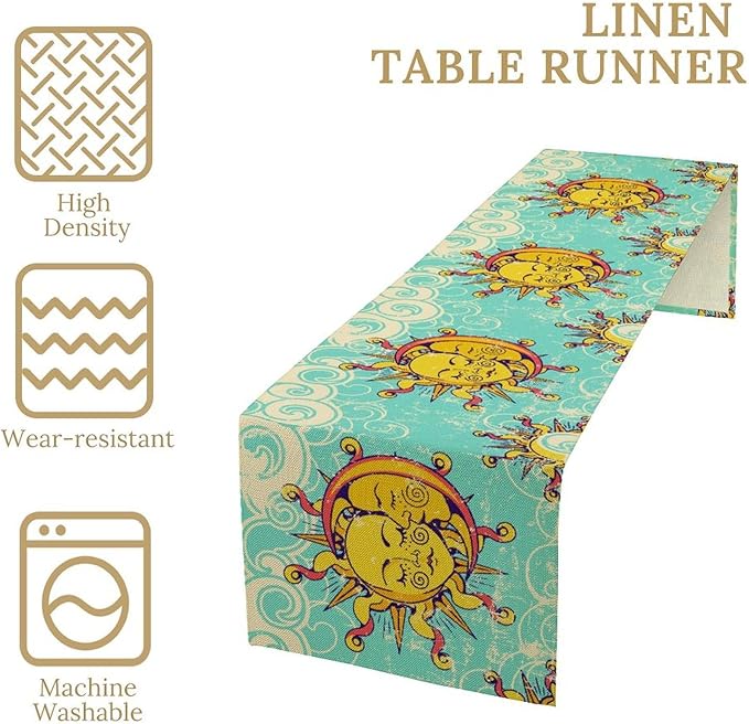 Retro Sun Moon Table Runner, Phase of The Moon Vintage Cloud Table Runner - Image 4