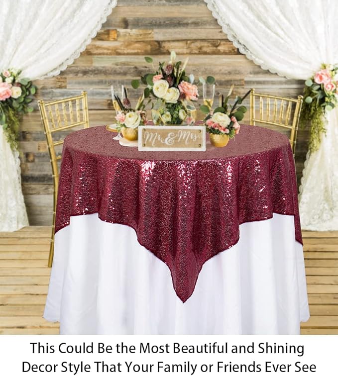 ShinyBeauty Sequin Tablecloth Burgundy Sequin Table Overlay Glitter Table Cover - Image 5