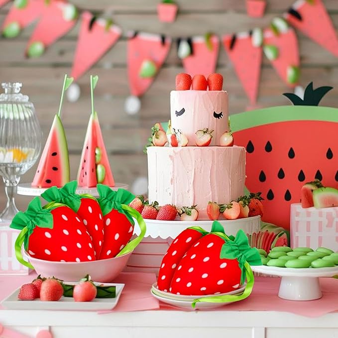 Whaline 12Pcs Strawberry Shaped Treat Bags Red Green Strawberry Drawstring Bags - Image 7