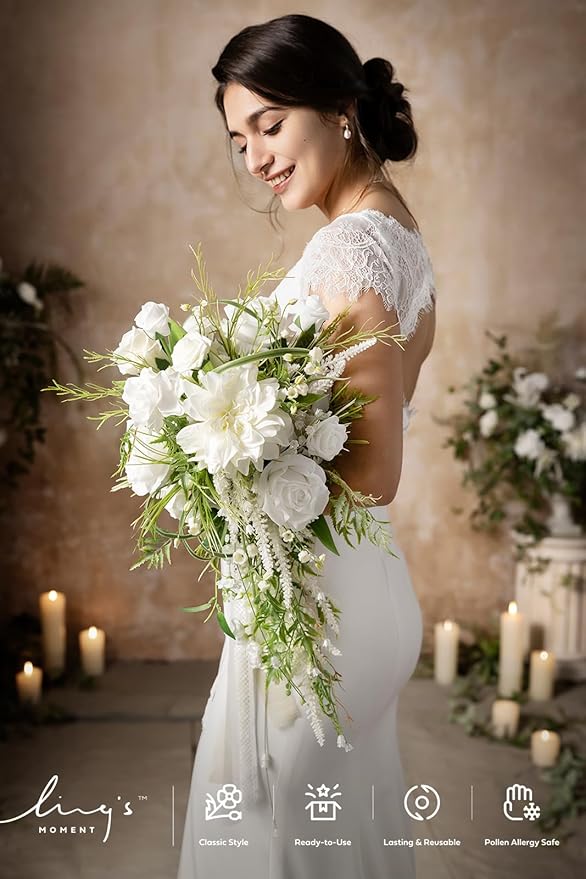 Ling's moment White Green Bridal Bouquet - Image 6