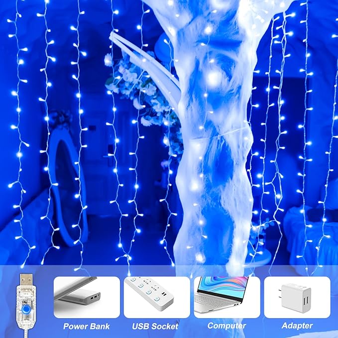 Curtain Light for Bedroom, 200LED 6.6x6.6ft Blue Window Wall Hanging Fairy - Image 6