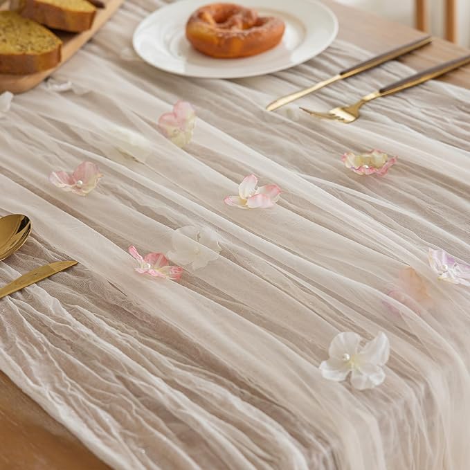Romantic Artificial Floral Table Runner 10ft Gauze Tulle Lace Table Runner Set - Image 4