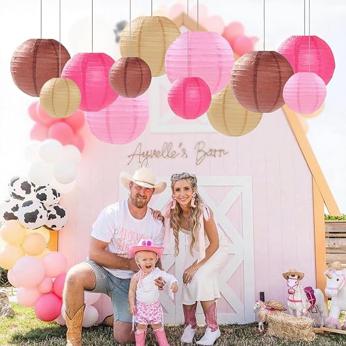 Pink Brown Paper Lanterns Decorative 12pcs Party Hanging Decorations - Image 9