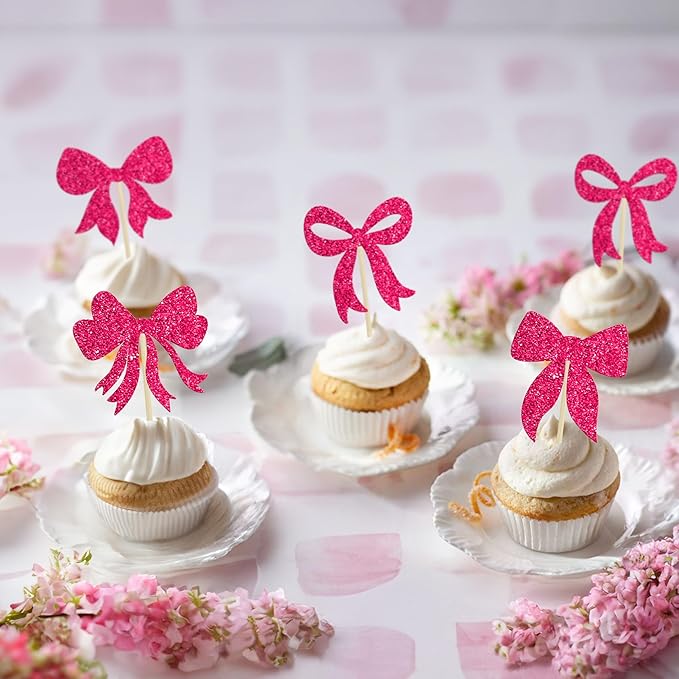 Gyufise 36Pcs Bow Cupcake Toppers Glitter Bowknot Cupcake Picks Bow Tie - Image 6