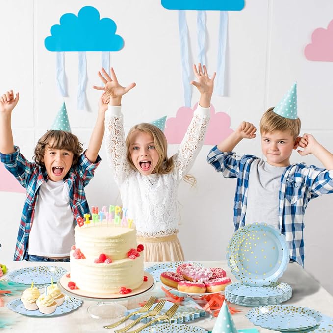Light Blue Paper Plates and Napkins Party Supplies, Disposable Gold Dot Dessert - Image 7