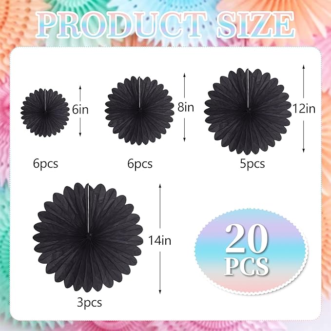20 Pcs Black Hanging Paper Fan, Round Paper Fans Decorations Set - Image 2