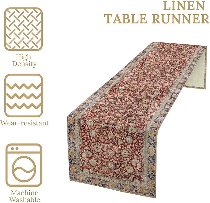 Boho Bohemia Style Table Runner, Vintage Red Blue Retro Flower Rustic Country - Image 5