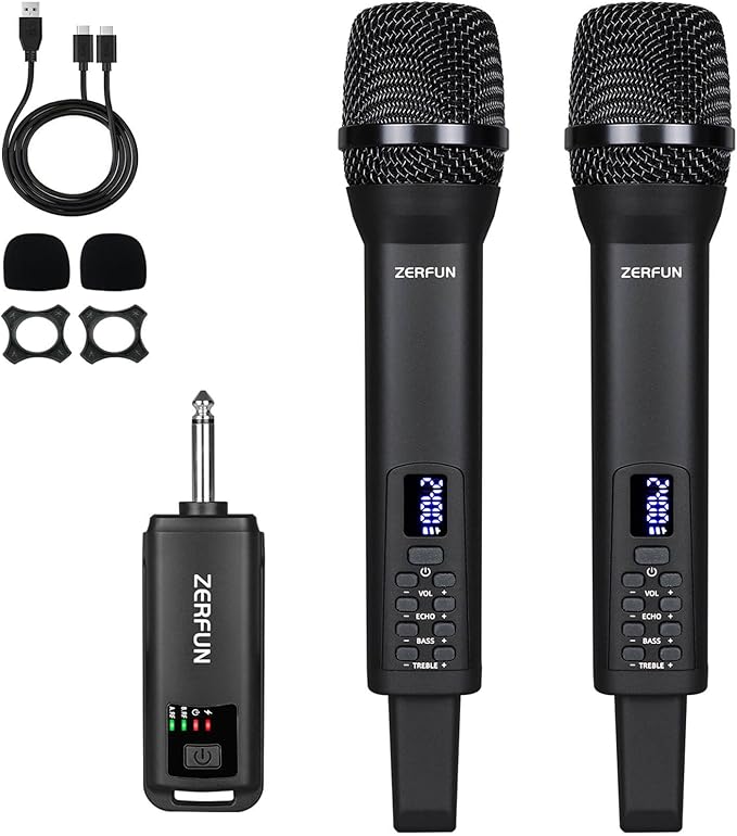 Dual Rechargeable Wireless Microphones, Pro Handheld Cordless Mics System by ZERFUN