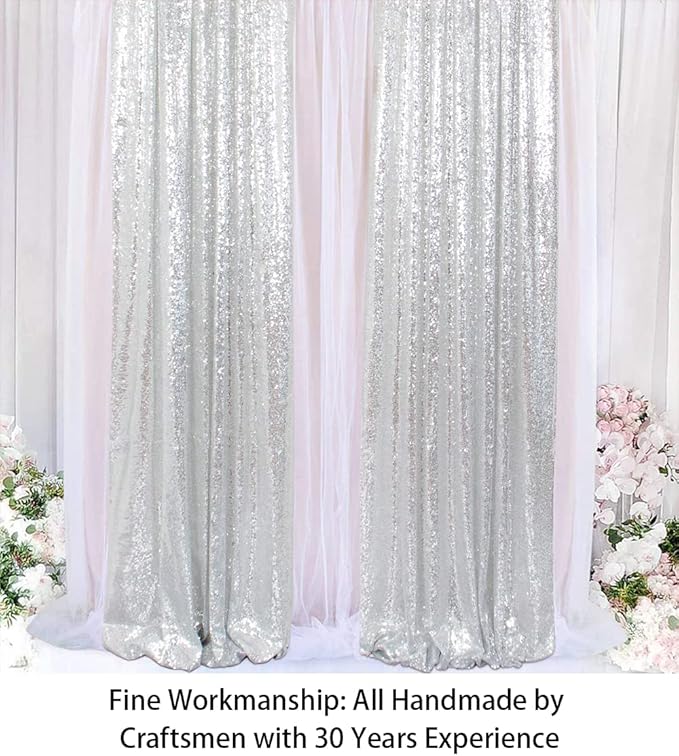 ShinyBeauty Sparkle Backdrop Curtain Silver 2 Panels Set Sequin Photo Backdrop - Image 3