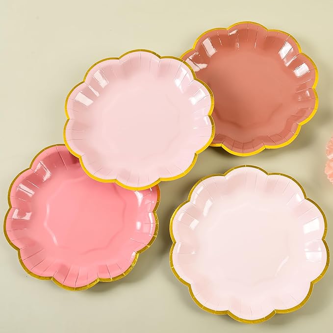 Dusty Pink Gradient Color Dessert Paper Plates 7 inch Gold Foil Scalloped Edge - Image 3