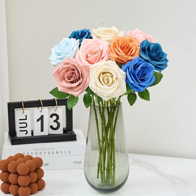 Artificial Rose 10pcs Ice Blue Open Flower Bouquet Faux Rose Stems - Image 6