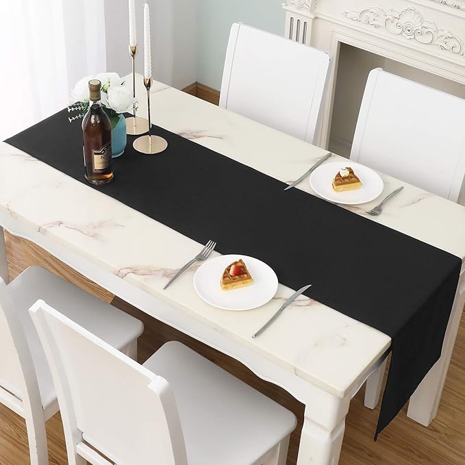 DUALIFE Jet Black Table Runner 14x72 inch Solid Color Thick Polyester by DUALIFE
