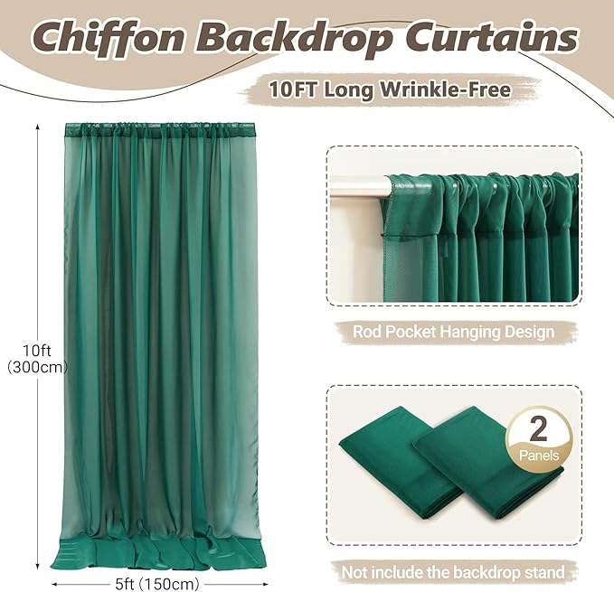 10ft x 10ft Emerald Green Backdrop Curtains, Wrinkle-Free Sheer Chiffon Fabric - Image 4
