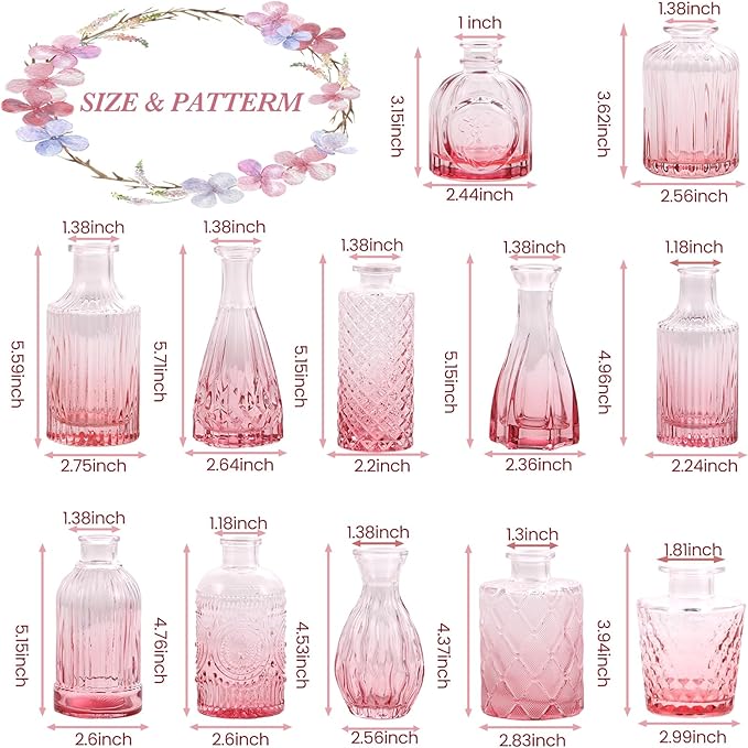 Pink Glass Bud Vases Set of 12, Mini Flower Vase - Image 3