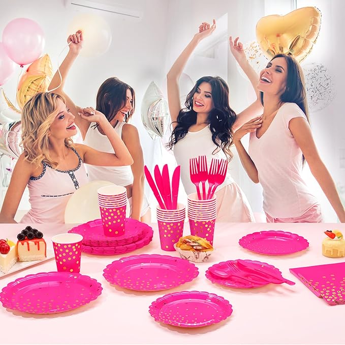 175Pcs Pink Party Supplies, Hot Pink Paper Plates and Napkins Include Scalloped - Image 7