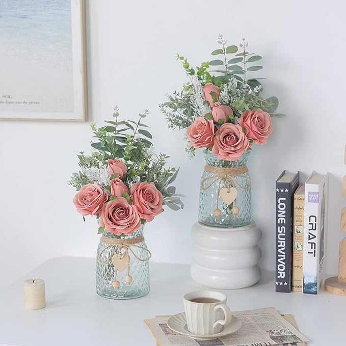 Faux Flowers with Vase, Artificial Silk Roses in Vase, Fake Plant Eucalyptus - Image 5