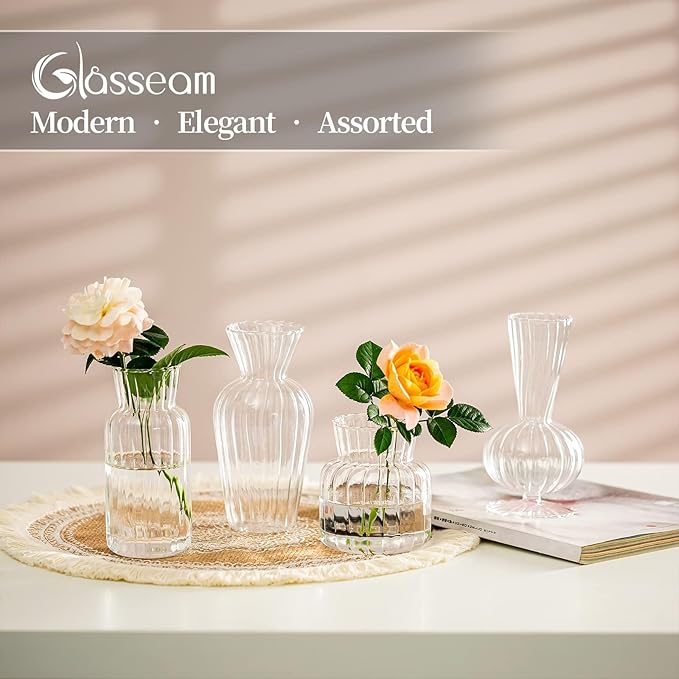 Modern Clear Glass Bud Vase Set: Glasseam 4Pcs Small Mini Flower Centerpieces - Image 3
