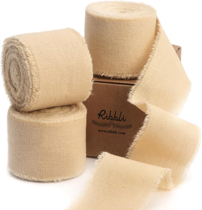 Ribbli 3 Rolls Nude Ribbon 1.5 Inch x 18Yards Beige Handmade Cotton Frayed by Ribbli