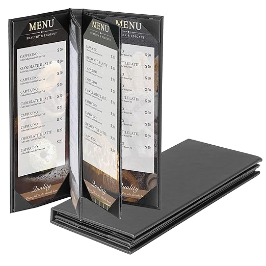 2 Pack 6 View Menu Holder Menu Covers 4.25" x 11" | Black Leather Menu Sleeves by AMGSH
