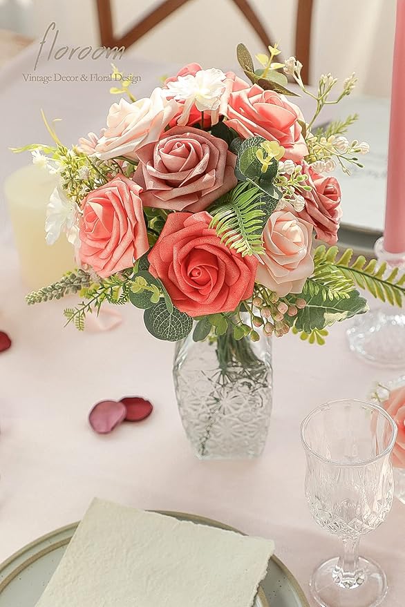 Floroom Artificial Flowers 25pcs Real Looking Coral Ombre Colors Foam Fake Roses - Image 2