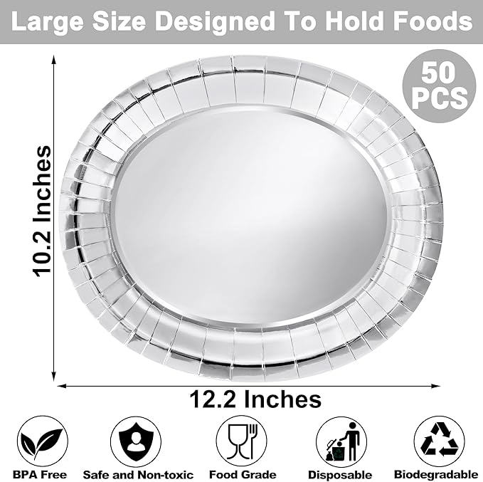 50 Pcs Oval Large Paper Plates, 12.2'' X 10.2'' Silver Foil Paper Plates - Image 2