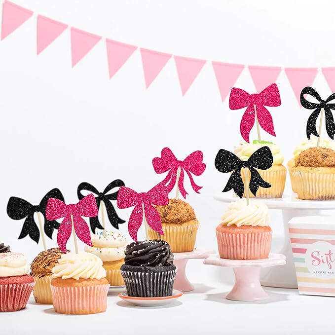 Gyufise 36Pcs Bow Cupcake Toppers Glitter Bowknot Cupcake Picks Bow Tie - Image 4