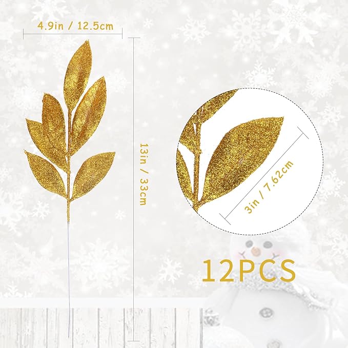 GREENTIME 12 Pack Artificial Golden Glitter Leaves 13" Fake Christmas Picks - Image 3