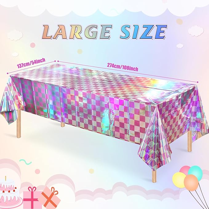 6 Pack Pink and Iridescent Checkered Plastic Tablecloth, Shiny Disposable Laser - Image 2