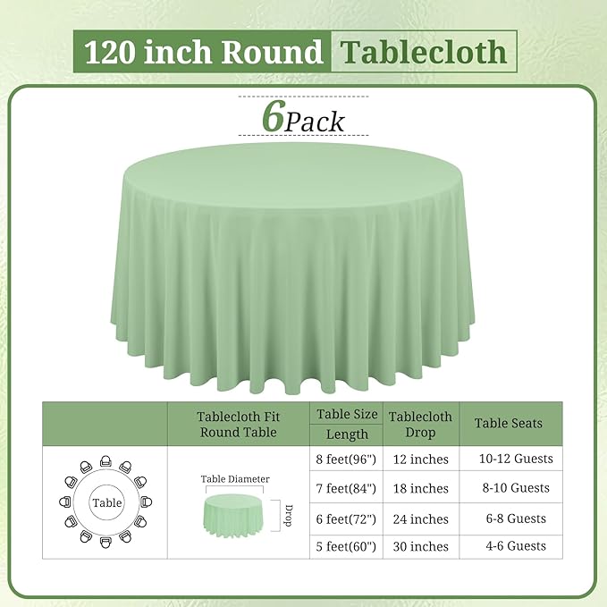 6 Pack Sage Green Round Tablecloths - Image 2