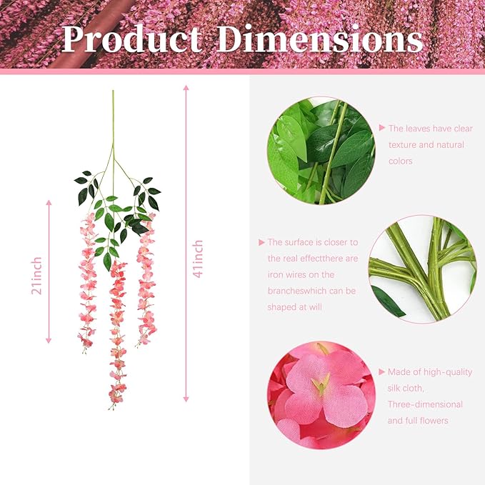 24 Pack Dark Pink Wisteria Hanging Flowers, 3.4 Ft Fake Hanging Flowers - Image 3