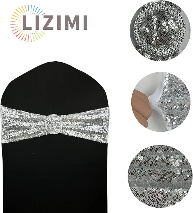 10 Pcs Chair Sashes Sequin Stretch Chair Bands Spandex Polyester Bows - Image 4