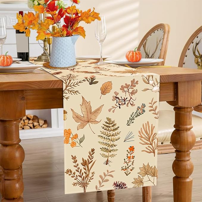 Grey Wildflower Leaves Floral Fall Table Runner, Seasonal Autumn Harvest - Image 6