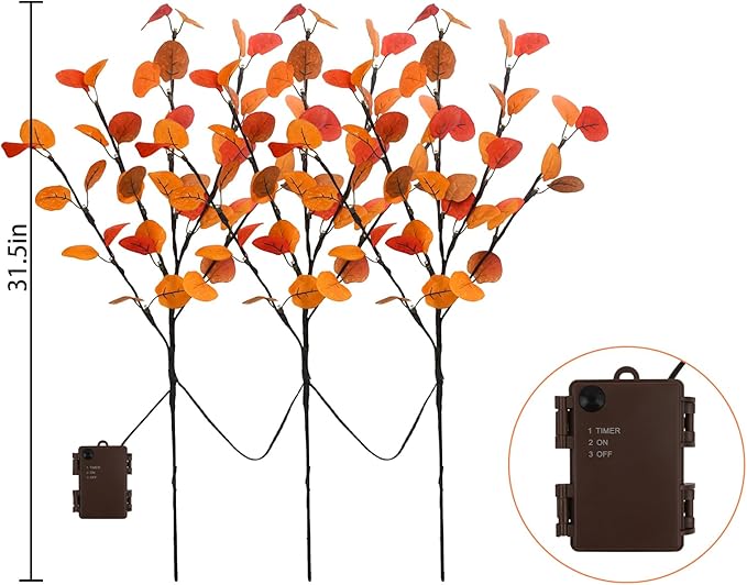 3Pcs Lighted Eucalyptus Leaves Branches, 30” Timer Fall Eucalyptus Stems - Image 6