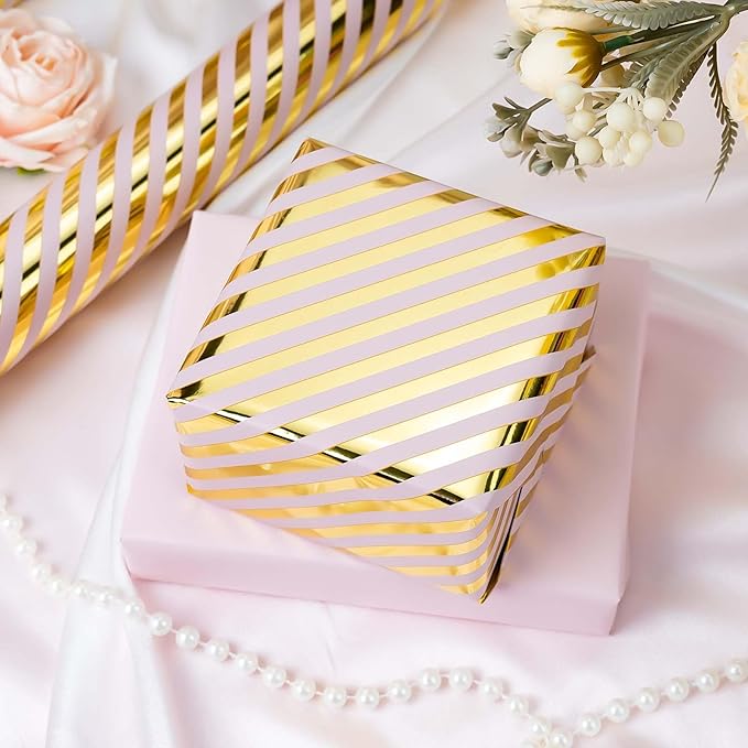 Burymento Pink and Gold Stripes Wrapping Paper, Reversible Pink Gift Wrap - Image 5