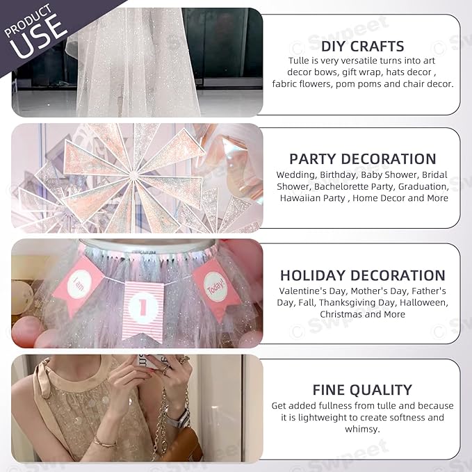 Swpeet 6 Inch by 50 Yards Pink Glitter Tulle Fabric Roll, Fabric Spool - Image 3