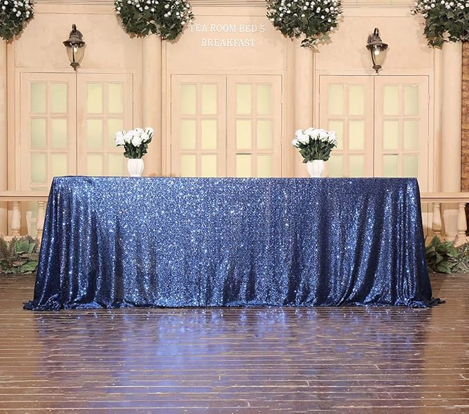 SquarePie Sequin Tablecloth Rectangular 60 x 102 Inch Navy Blue Sparkly Table - Image 3