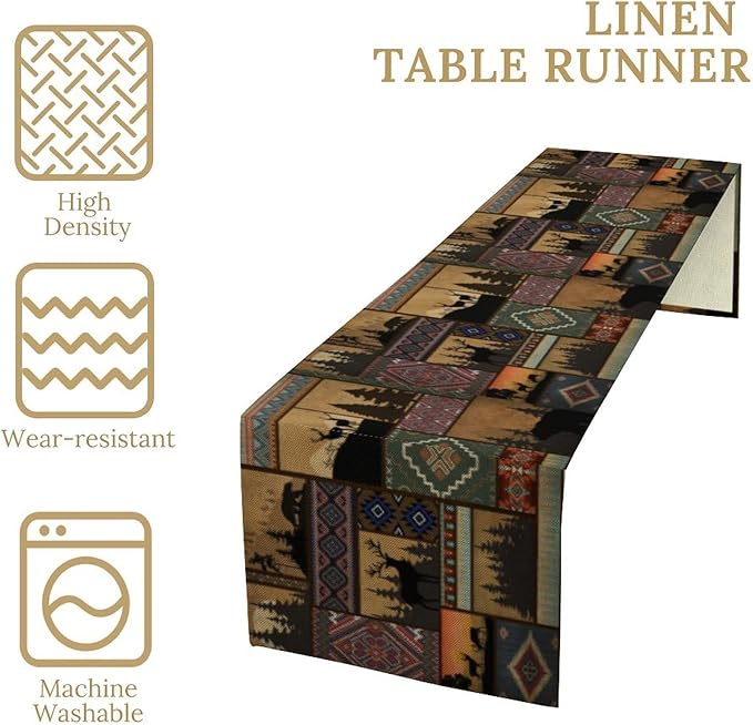 Rustic Cabin Bear Aztec Table Runner, Retro Brown Bear Rustic Theme Geometry - Image 4