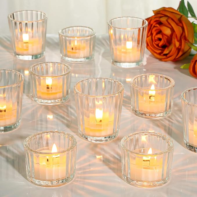 24 Pcs Ribbed Clear Votive Candle Holders – Glass Tea Light Candle Holder by SUPMIND