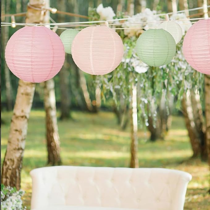 Sage Green Pink Paper Lanterns Decorative 12pcs Wedding Hanging Decorations - Image 2