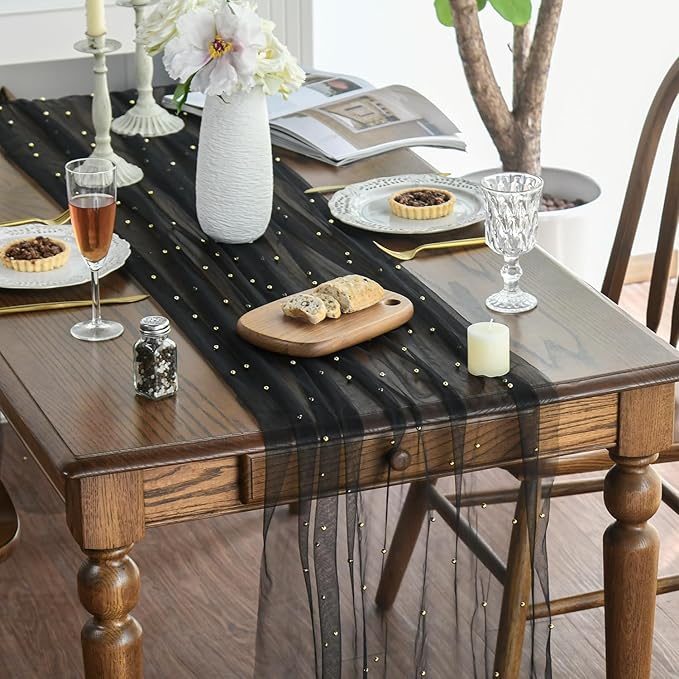 Artoid Mode Pearl Black Gauze Table Runner 120 Inch 10FT, Seasonal Sheer Dining - Image 3