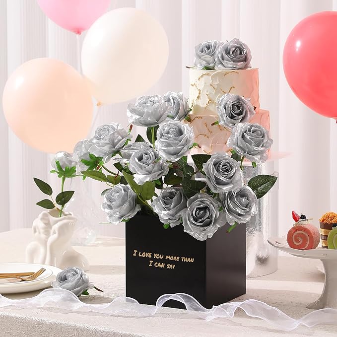 Tifuly Silver Roses Artificial Flowers -12Pcs Realistic Single Long Stem Fake - Image 4